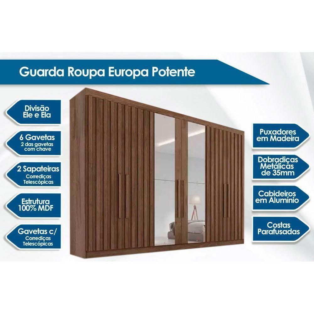 Guarda Roupa Casal 6 Portas c/ 4 Ripadas e 6 Gavetas c/2 Espelhos Potente Braúna - Europa - 2