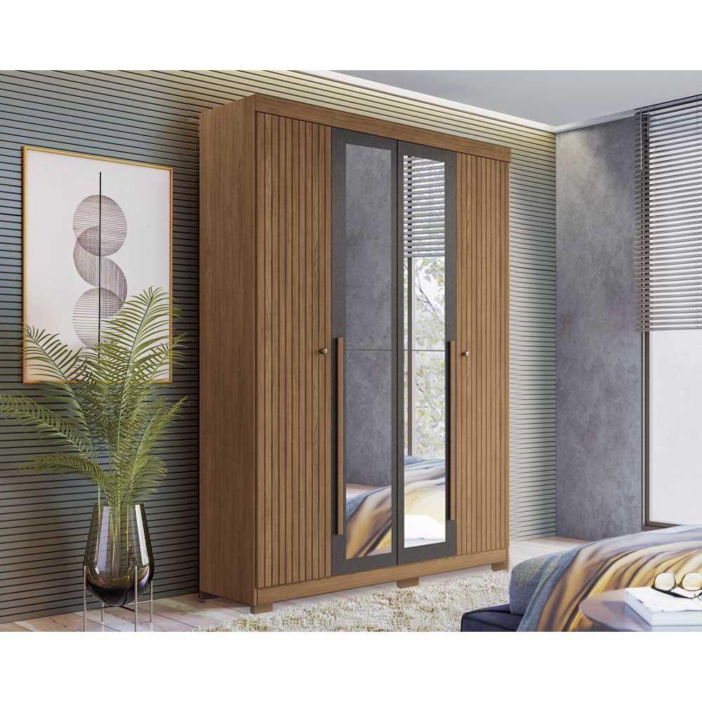 Guarda Roupa Solteiro 4 Portas e 2 Gavetas c/ Espelho e Pés Buriti Jatoba/Grafitte - Santos Andirá - 1