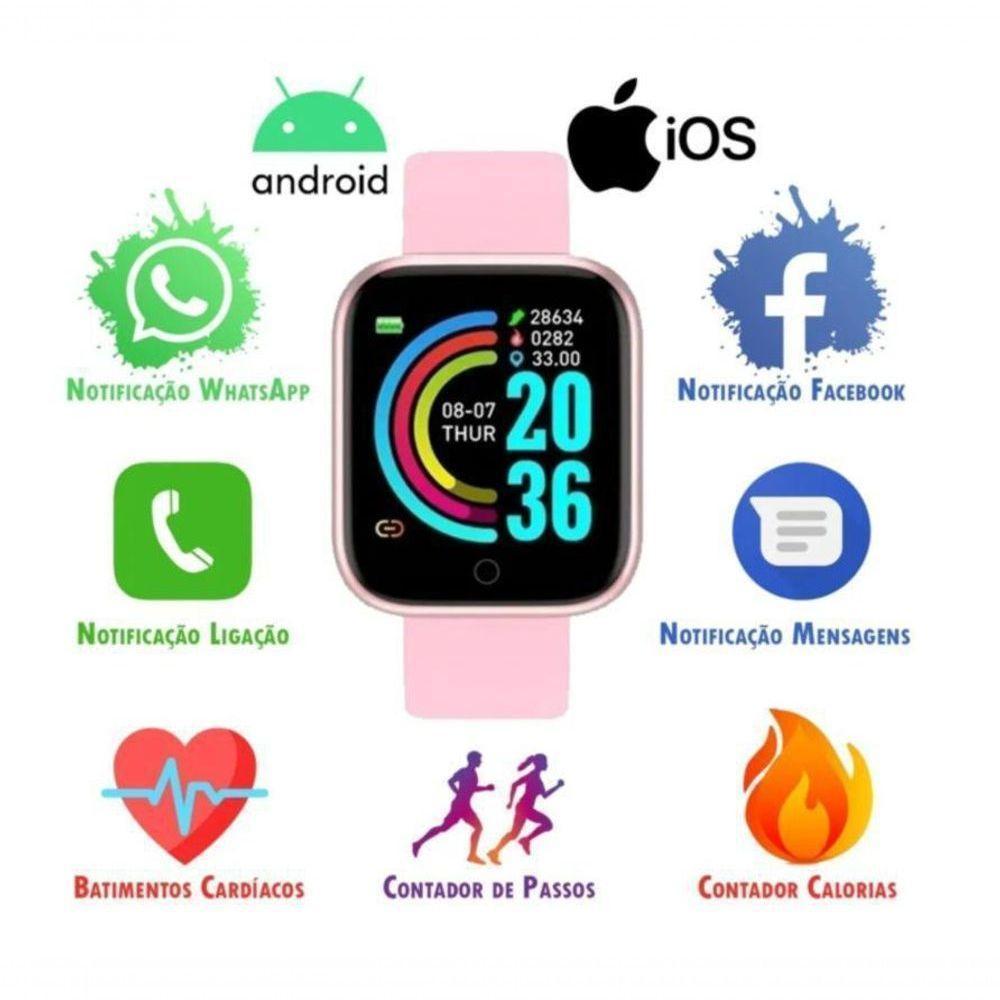 Relogio Inteligente Smartwatch D20 Rose + Fone Bluetooth - 5