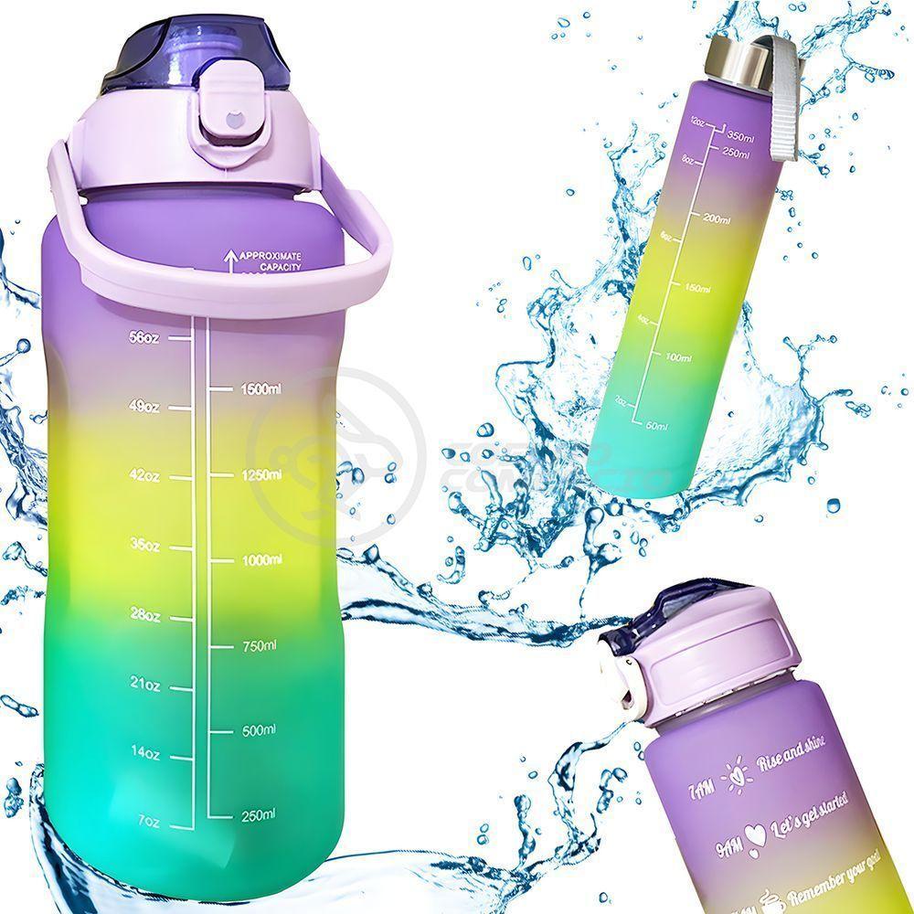 Kit Garrafa De água Roxa 3 Em 1 Com Alça Frases Motivacionais Tie-dye Academia + Adesivos 2d 3d - 1
