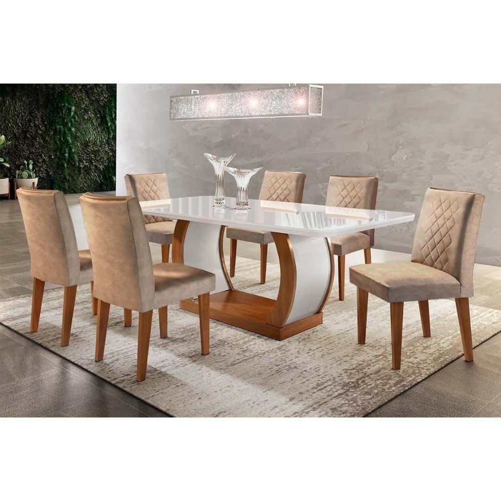 Conjunto: Mesa Sala Jantar Jade Tampo Madeirado c/ Vidro 180cm Canto Reto + 6 Cadeiras Jade Imbuia/Chocolate - Rufato - 1