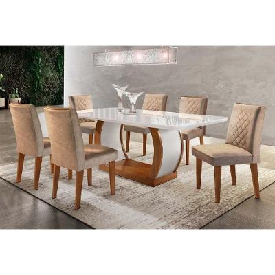 Conjunto: Mesa Sala Jantar Jade Tampo Madeirado c/ Vidro 180cm Canto Reto + 6 Cadeiras Jade Imbuia/Chocolate - Rufato