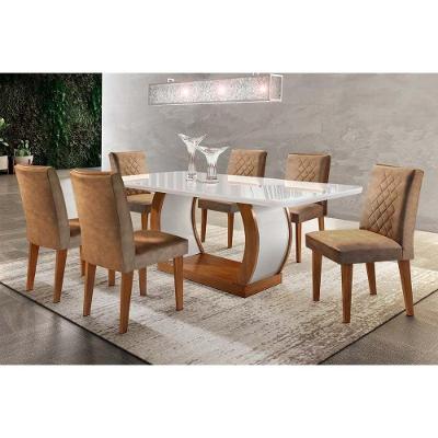 Conjunto: Mesa Sala Jantar Jade c/ Tampo Madeirado c/ Vidro Canto Reto 180cm + 6 Cadeiras Jade Imbuia/Chocolate - Rufato