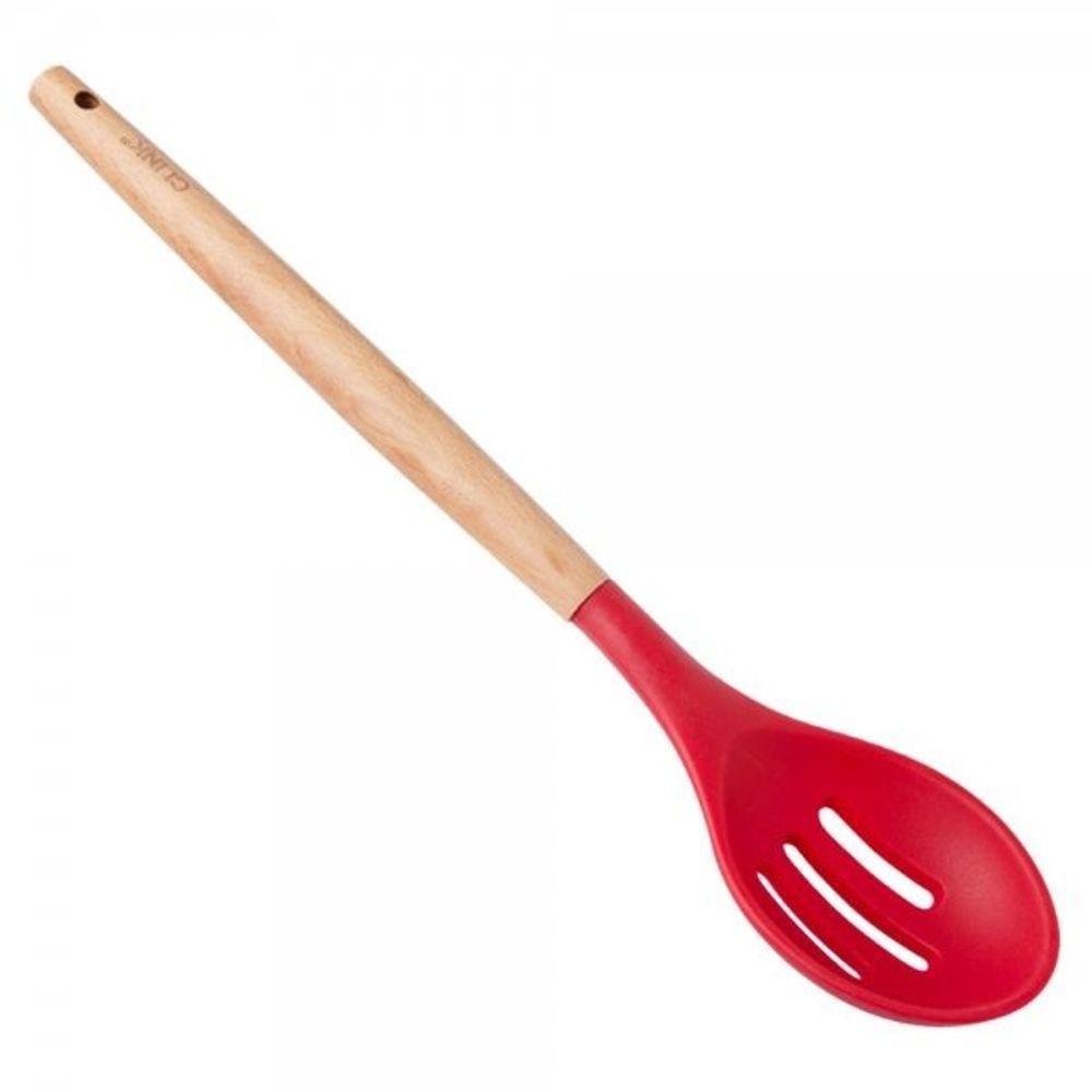 Colher Vazada De Silicone Com Cabo Madeira 32 Cm - Clink - 3