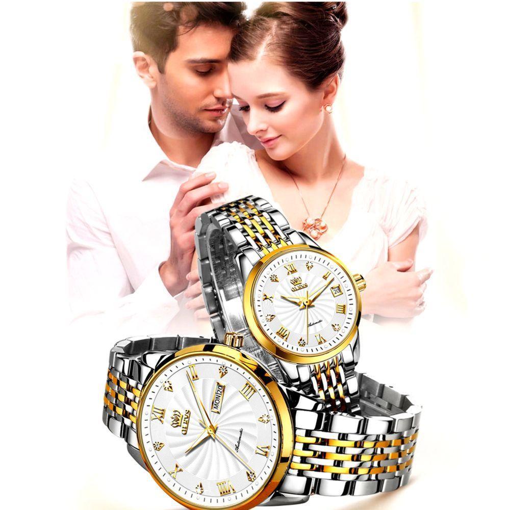 Relógio Automático Casal Aço Inoxidável De Luxo Conjunto De Relogio Mecânico Casual - 2