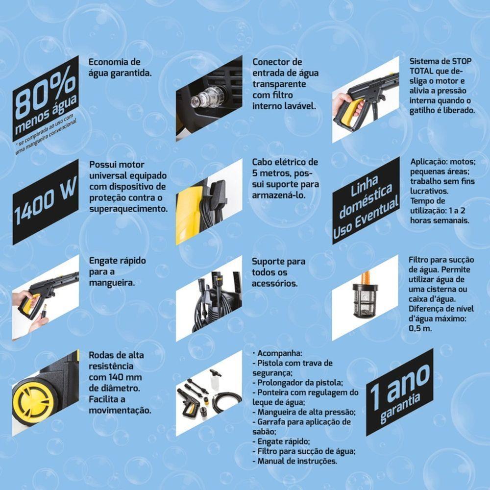 Lavadora De Alta Pressão 1400 W Para Uso Eventual Com Mangueira Alta Pressão 3 M Jato Reg - 4