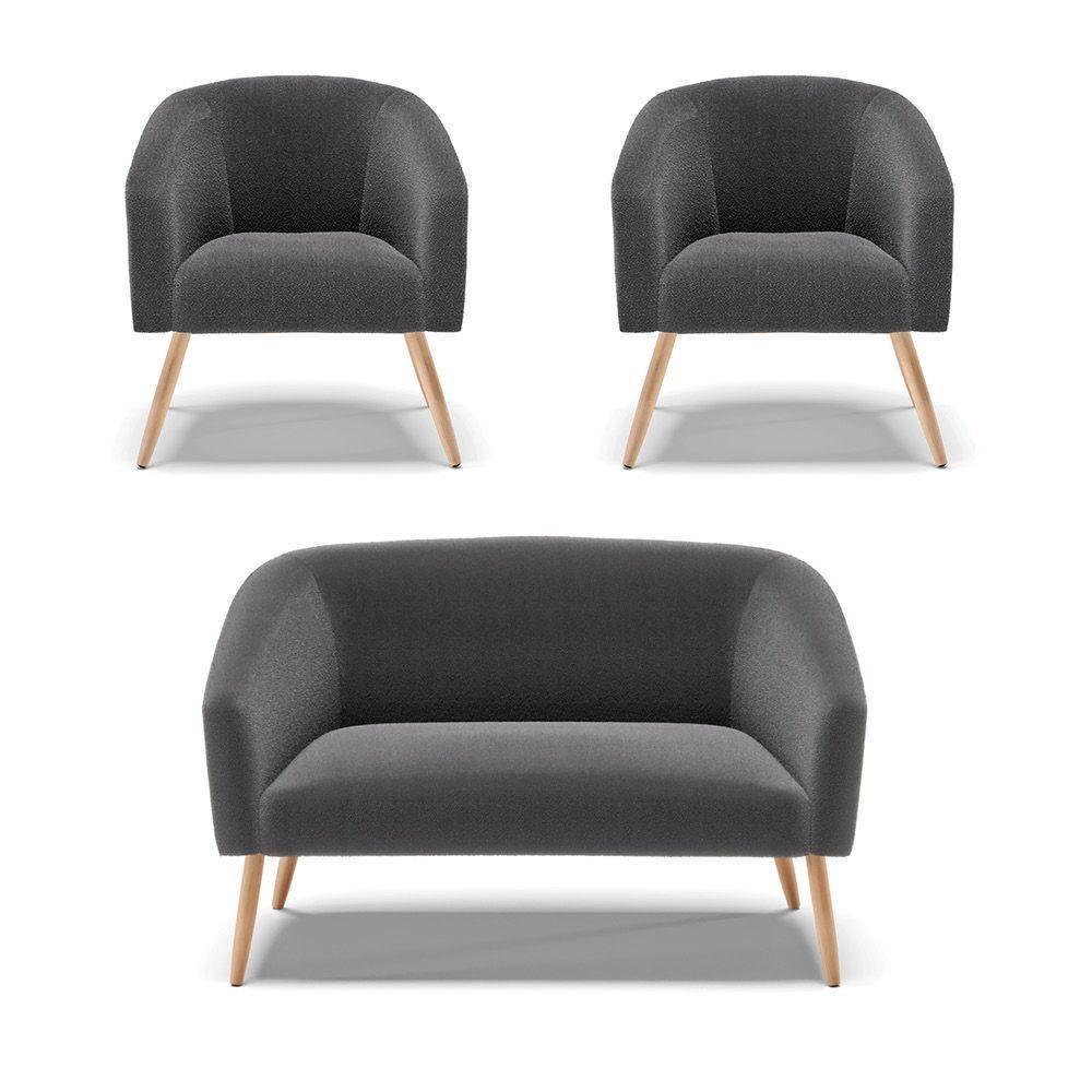 Kit 1 Sofá Namoradeira E 2 Poltronas Stella Bouclê Grafite Pés Palito Natural - D'rossi - 1