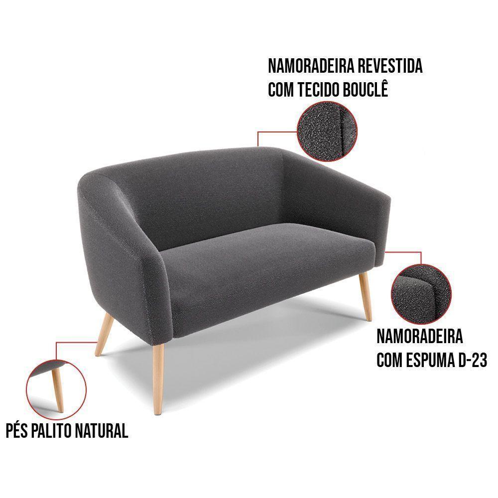 Kit 1 Sofá Namoradeira E 2 Poltronas Stella Bouclê Grafite Pés Palito Natural - D'rossi - 7
