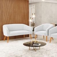 Kit 1 Sofá Namoradeira E 1 Poltrona Stella Bouclê Off White Pés Palito Castanho - D'rossi - 5