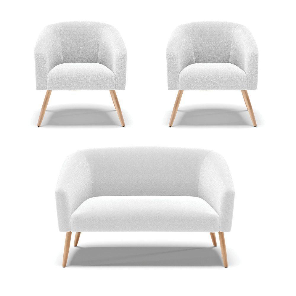 Kit 1 Sofá Namoradeira E 2 Poltronas Stella Bouclê Pés Palito Natural - D'rossi Cor Off White - 1