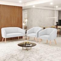 Kit 1 Sofá Namoradeira E 2 Poltronas Stella Bouclê Pés Palito Natural - D'rossi Cor Off White - 2