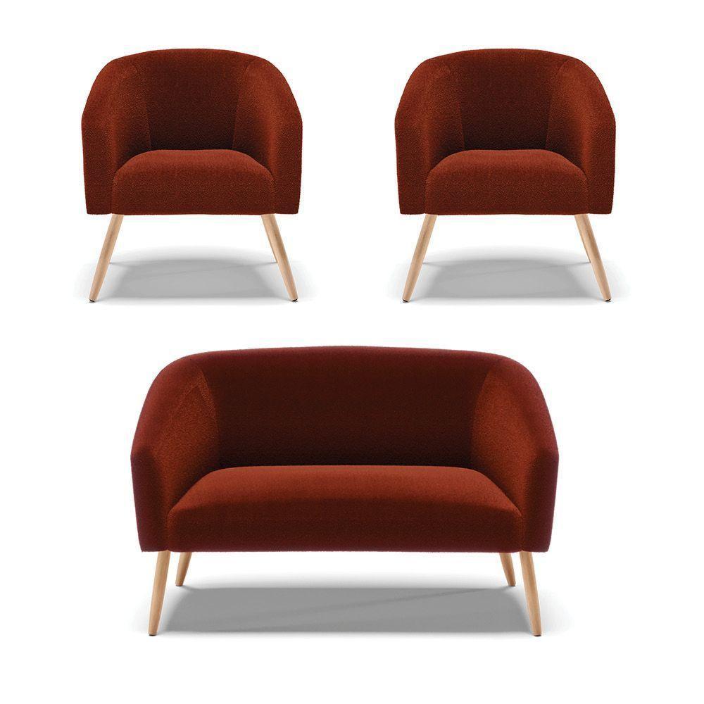 Kit 1 Sofá Namoradeira E 2 Poltronas Stella Bouclê Pés Palito Natural - D'rossi Cor Terra - 1