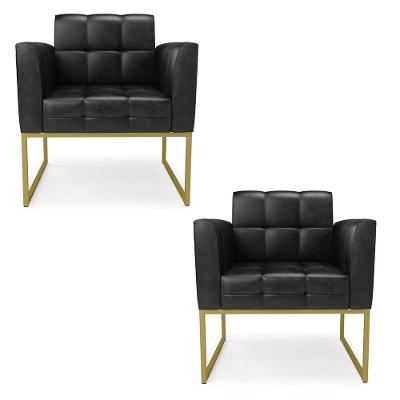 Kit 2 Poltronas Elisa Corano Preto Base Metálica Industrial Dourado - D'rossi