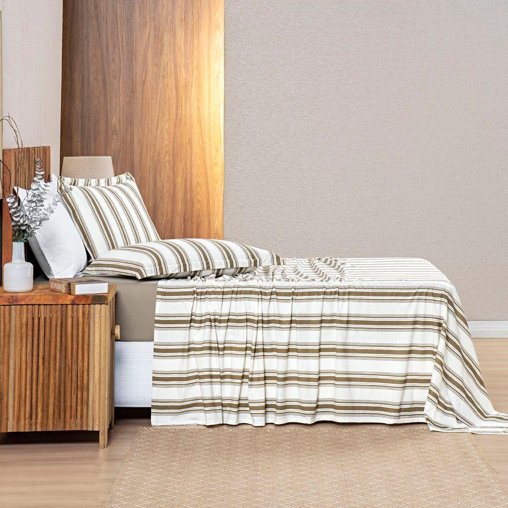 Jogo Cama Lençol Daily Casal Padrão Malha 100% Algodão Listrado 4 Peças - Cáqui - 5