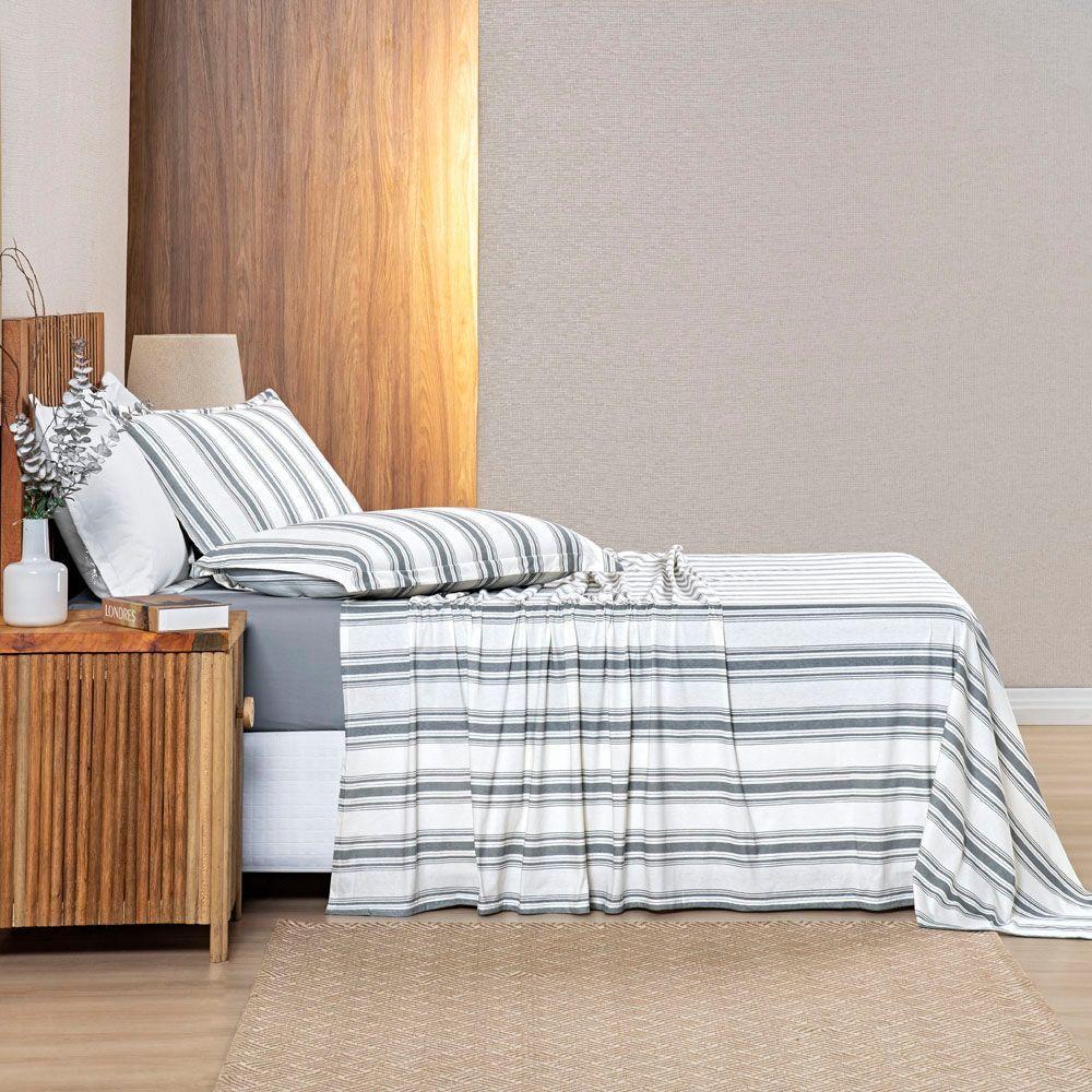 Jogo Cama Lençol Daily Queen Malha 100% Algodão Listrado 4 Peças - Cinza - 4