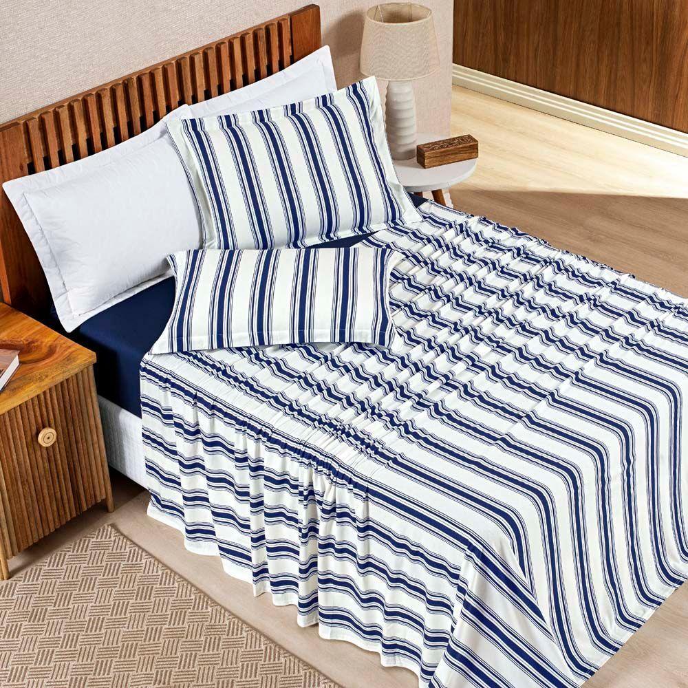 Jogo Cama Lençol Daily Queen Malha 100% Algodão Listrado 4 Peças - Azul Marinho - 1