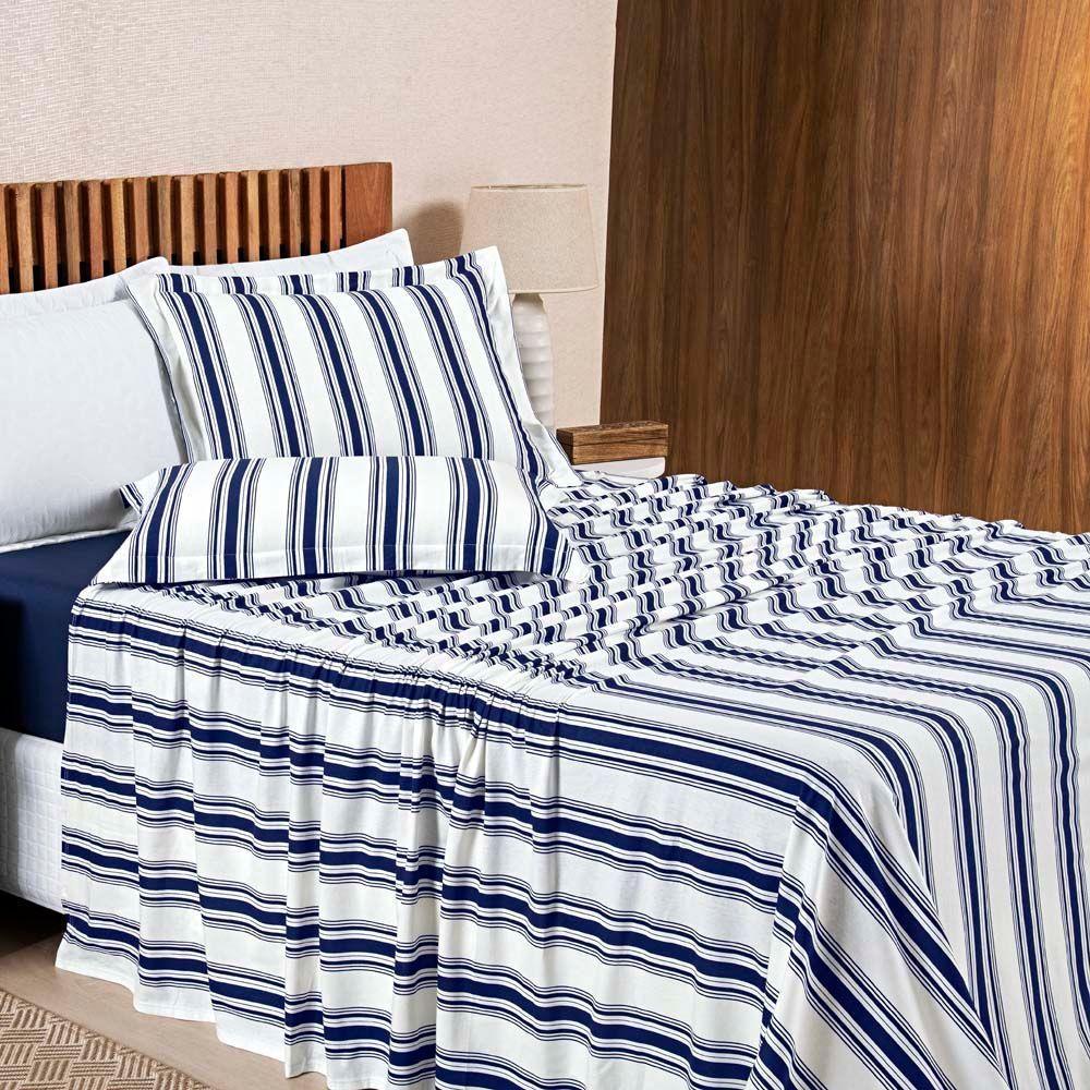 Jogo Cama Lençol Daily King Malha 100% Algodão Listrado 4 Peças - Azul Marinho - 4