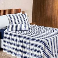 Jogo Cama Lençol Daily King Malha 100% Algodão Listrado 4 Peças - Azul Marinho