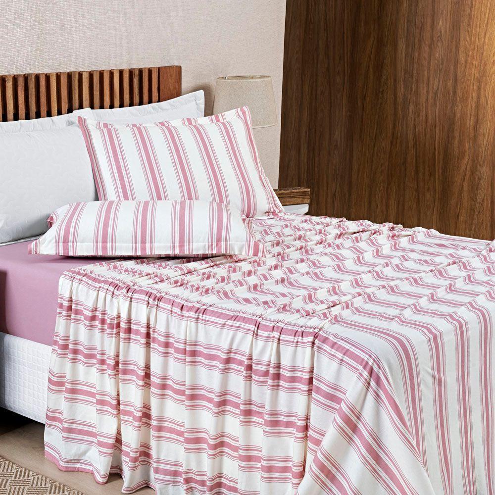 Jogo Cama Lençol Daily Casal Padrão Malha 100% Algodão Listrado 4 Peças - Rosê - 4