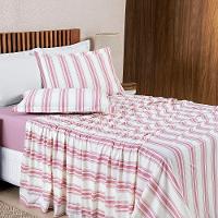 Jogo Cama Lençol Daily Casal Padrão Malha 100% Algodão Listrado 4 Peças - Rosê