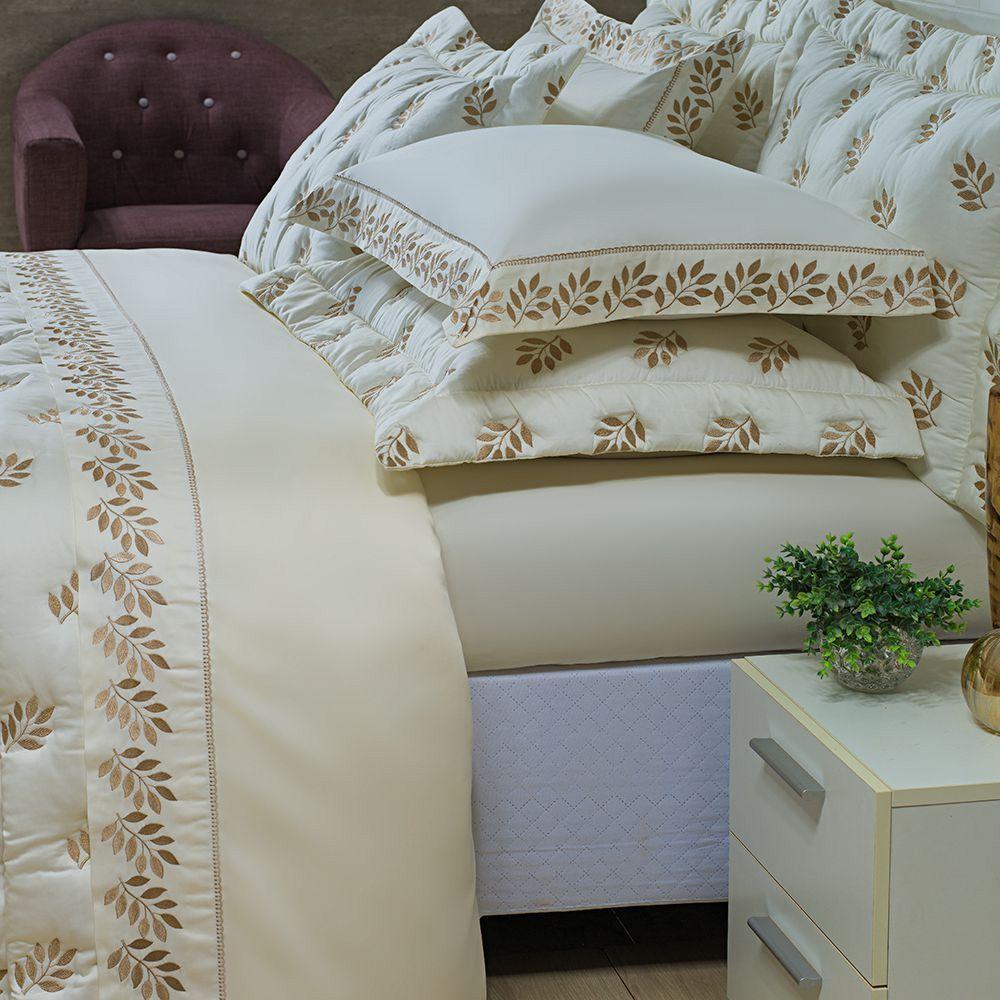 Jogo Cama Lençol Garland Queen Bordado 100% Algodão Acetinado 400 Fios 4 Peças - Palha E Fendi - 1