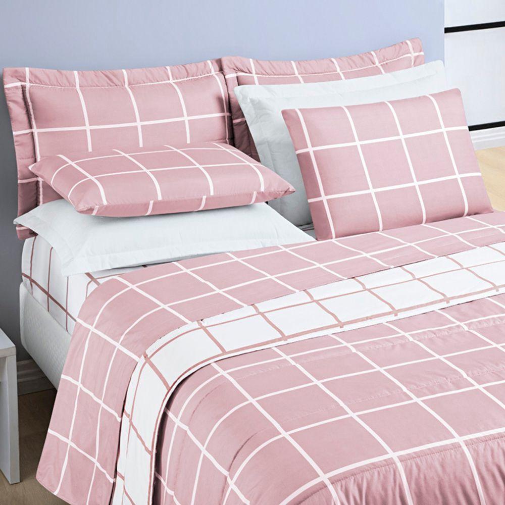 Kit Cobre Leito Colcha Brooklyn Solteiro Quadriculado Micropercal 200 Fios 2 Peças - Rosa - 2