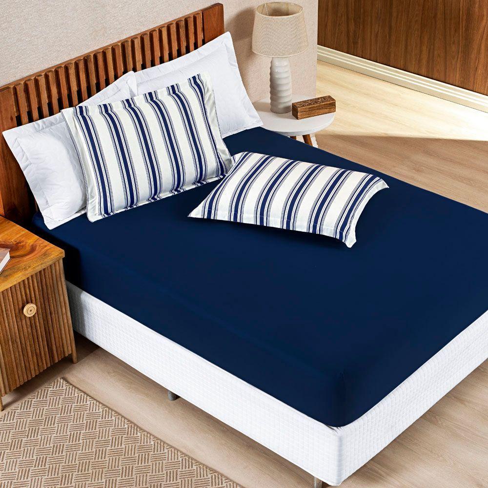 Jogo Cama Lençol Daily Casal Padrão Malha 100% Algodão Listrado 3 Peças - Azul Marinho - 1