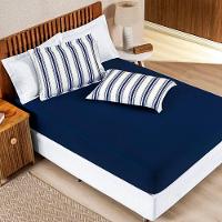 Jogo Cama Lençol Daily Casal Padrão Malha 100% Algodão Listrado 3 Peças - Azul Marinho - 1