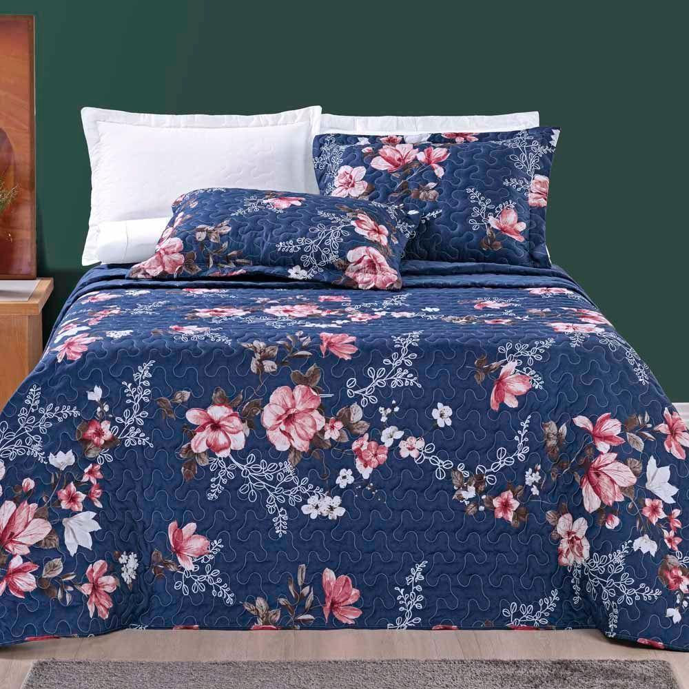 Kit Cobre Leito Colcha Celi Casal Padrão Dupla Face Micropercal 200 Fios 3 Peças - Azul Marinho Floral - 1