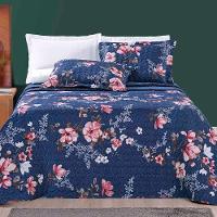 Kit Cobre Leito Colcha Celi Casal Padrão Dupla Face Micropercal 200 Fios 3 Peças - Azul Marinho Floral - 1