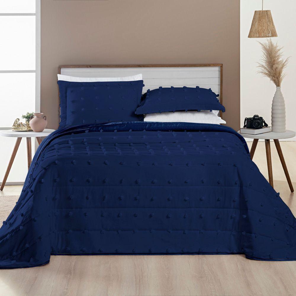 Kit Cobre Leito Colcha Alexa Pompom King Dupla Face Micropercal 3 Peças - Azul Marinho - 1