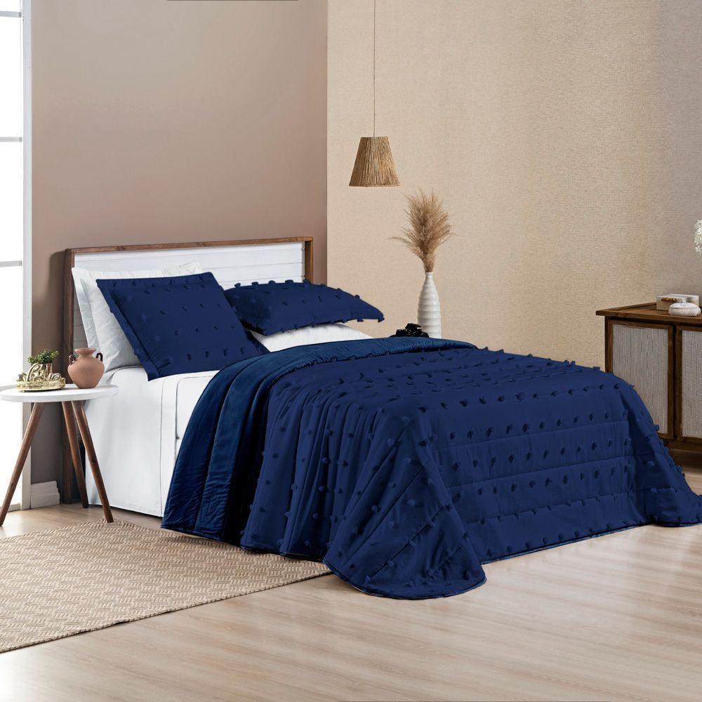 Kit Cobre Leito Colcha Alexa Pompom King Dupla Face Micropercal 3 Peças - Azul Marinho - 3