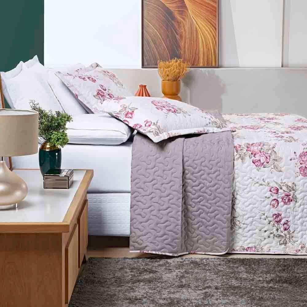 Kit Cobre Leito Colcha Celi Casal Padrão Dupla Face Micropercal 200 Fios 3 Peças - Palha Florido - 2