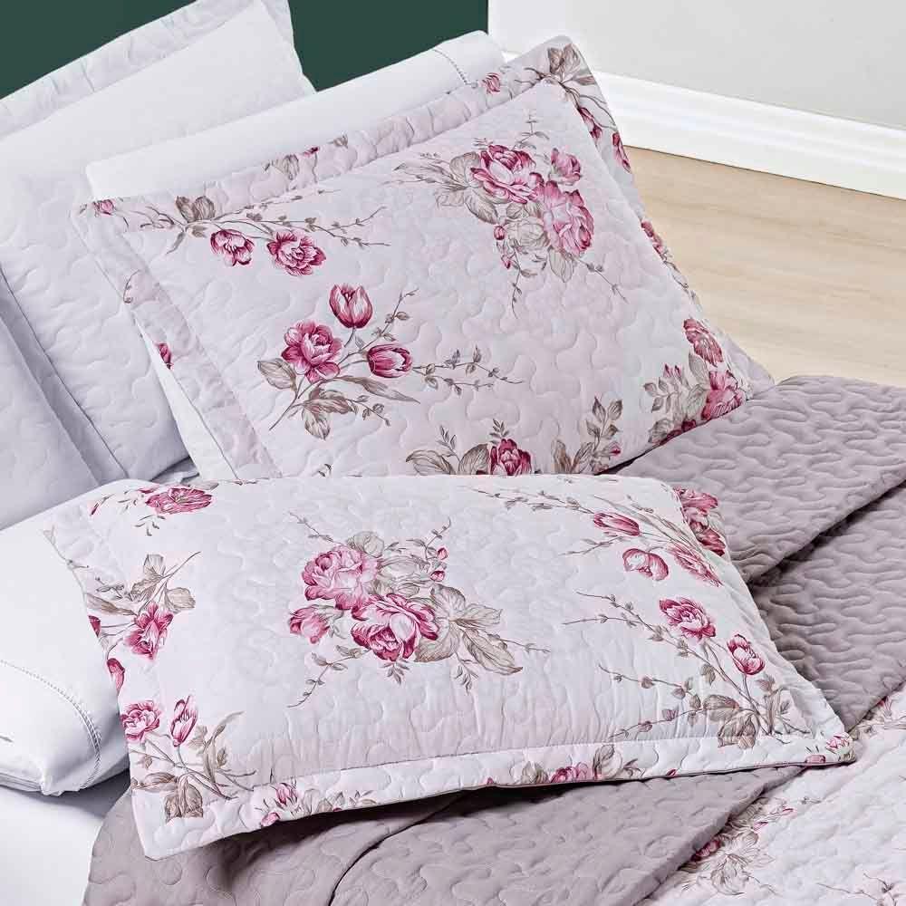 Kit Cobre Leito Colcha Celi Casal Padrão Dupla Face Micropercal 200 Fios 3 Peças - Palha Florido - 3