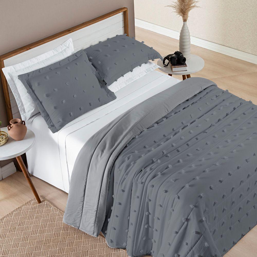 Kit Cobre Leito Colcha Alexa Pompom King Dupla Face Micropercal 3 Peças - Cinza - 1
