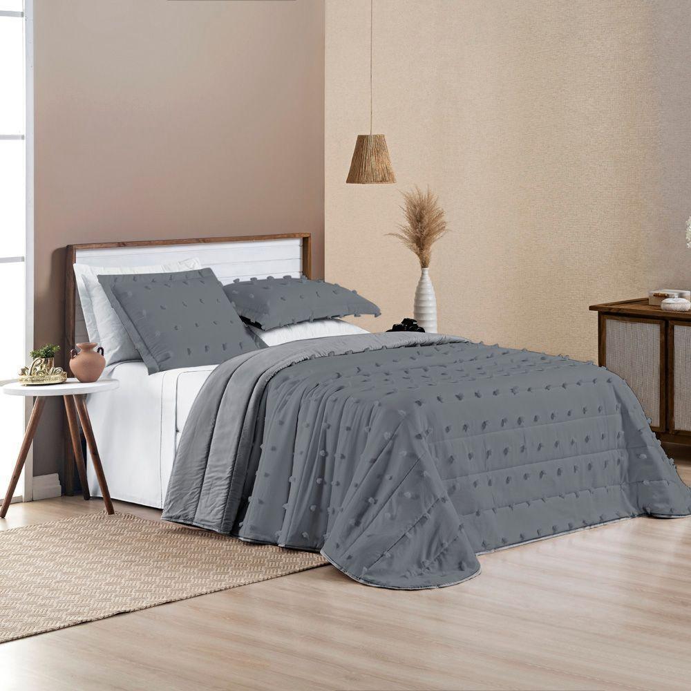 Kit Cobre Leito Colcha Alexa Pompom King Dupla Face Micropercal 3 Peças - Cinza - 3