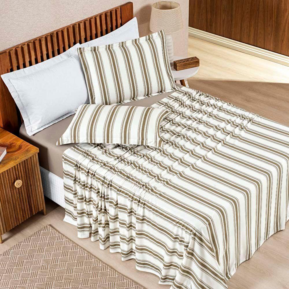 Jogo Cama Lençol Daily Solteiro Malha 100% Algodão Listrado 3 Peças - Cáqui - 1