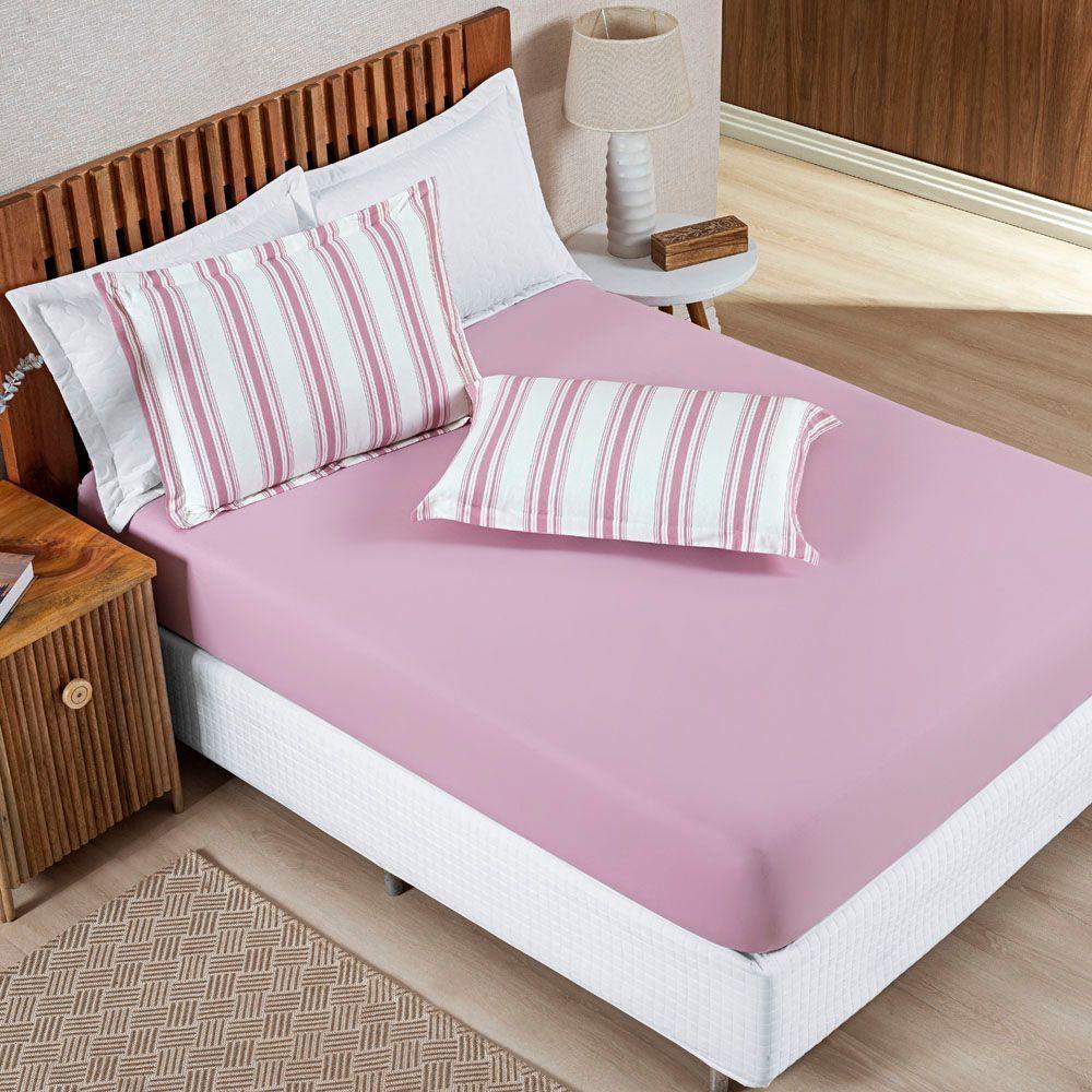 Jogo Cama Lençol Daily Solteiro Malha 100% Algodão Listrado 2 Peças - Rosê - 1