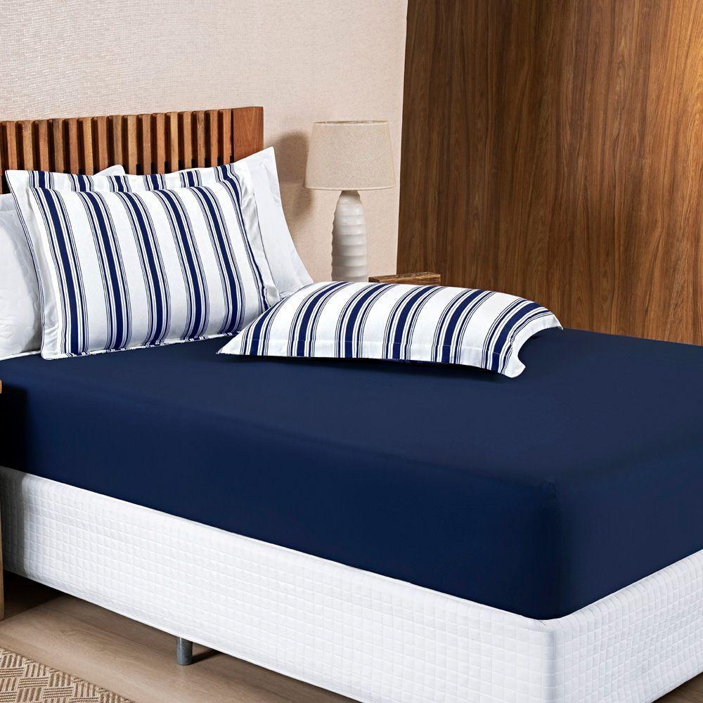 Jogo Cama Lençol Daily King Malha 100% Algodão Listrado 3 Peças - Azul Marinho - 3