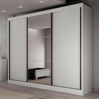 Guarda Roupa Casal Varsóvia 3 Portas de Correr 6 Gavetas Branco MDF com Espelho