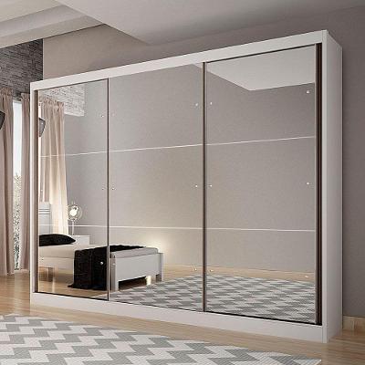 Guarda Roupa Casal Palermo 3 Portas de Correr 6 Gavetas Branco MDF com Espelho