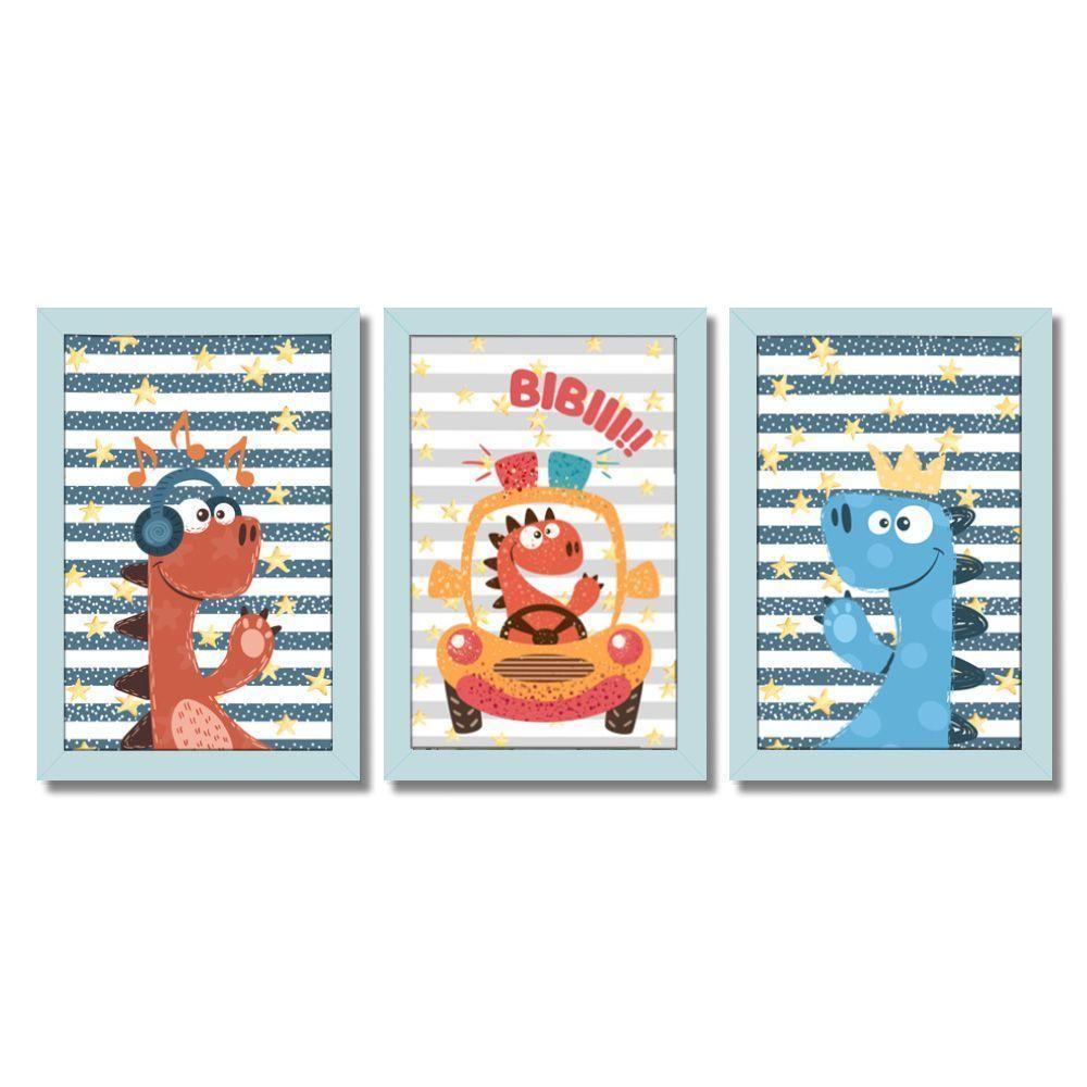 Kit Quadros Infantil Dinossauro Kids 20x30 3 Peças Titulo Moldura Azul - 1