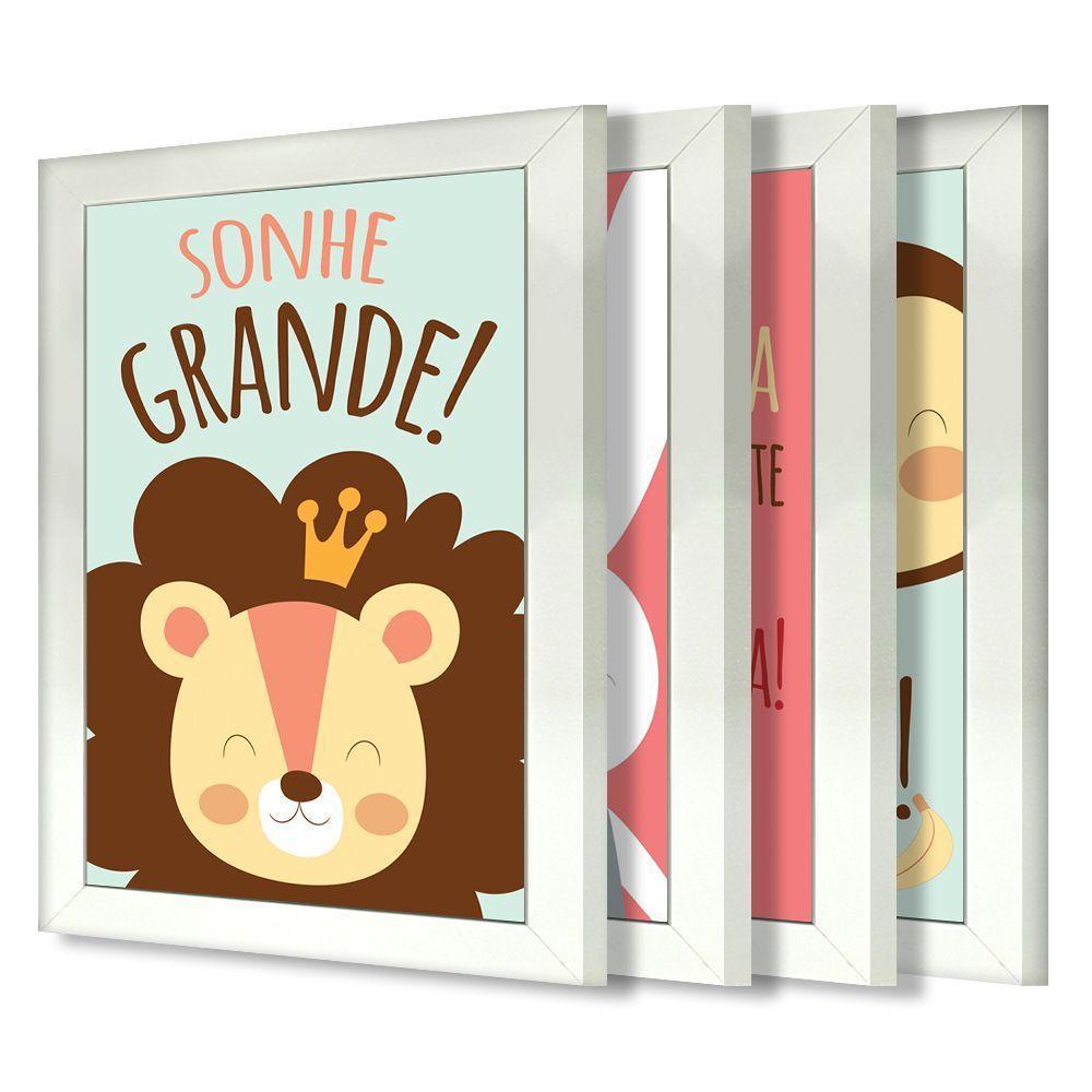 Kit 4 Quadros Infantil Leão Animais Bichos Frases 20x30cm Titulo Moldura Branca - 1