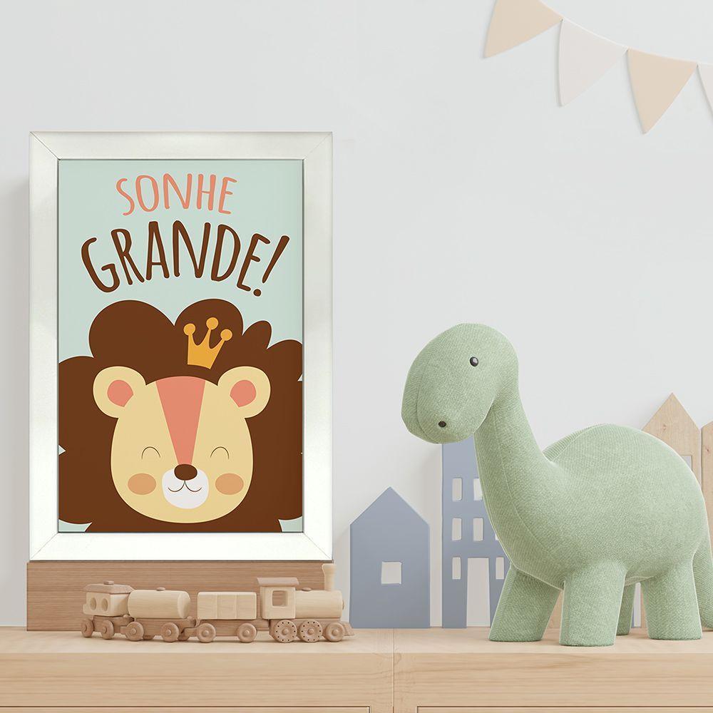Kit 4 Quadros Infantil Leão Animais Bichos Frases 20x30cm Titulo Moldura Branca - 4