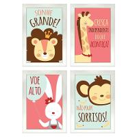 Kit 4 Quadros Infantil Leão Animais Bichos Frases 20x30cm Titulo Moldura Branca - 18