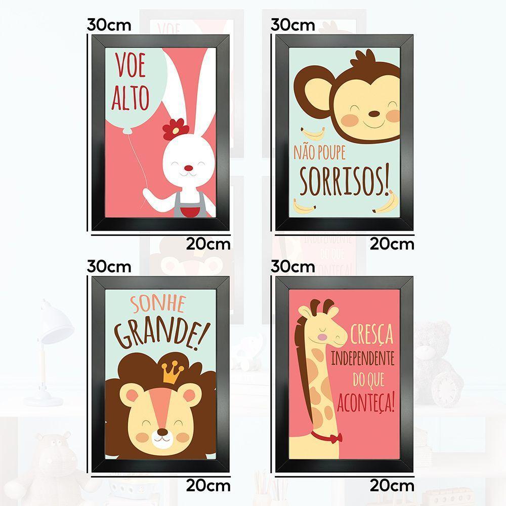 Kit 4 Quadros Infantil Leão Animais Bichos Frases 20x30cm Titulo Moldura Preta - 5