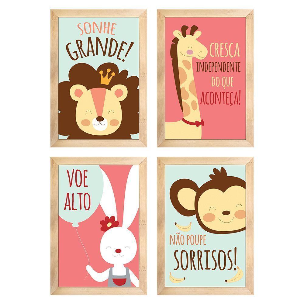 Kit 4 Quadros Infantil Leão Animais Bichos Frases 20x30cm Titulo Moldura Mel - 12