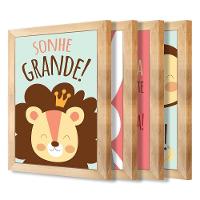 Kit 4 Quadros Infantil Leão Animais Bichos Frases 20x30cm Titulo Moldura Mel - 1
