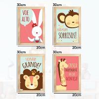 Kit 4 Quadros Infantil Leão Animais Bichos Frases 20x30cm Titulo Moldura Mel - 17