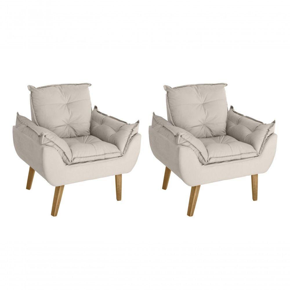 Kit 02 Poltrona-cadeira Decorativa E Puff Opala Bege Claro Com Pés Quadrado - 2